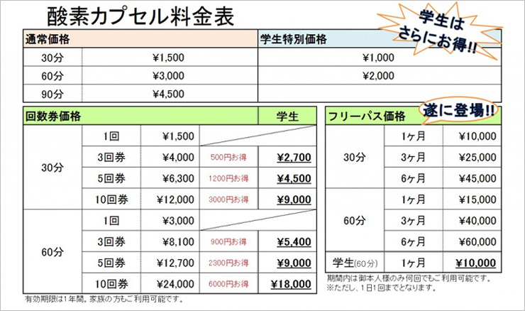 酸素カプセル 料金表